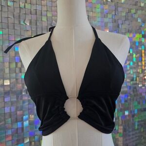 Black Halter Top Silver Ring Tie Back‎ Sleeveless Crop Top